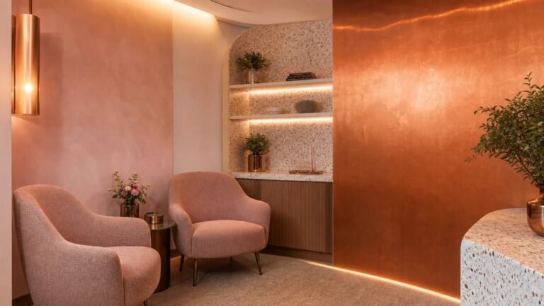 Clinic lounge with blush armchairs, a terrazzo counter and a copper feature wall