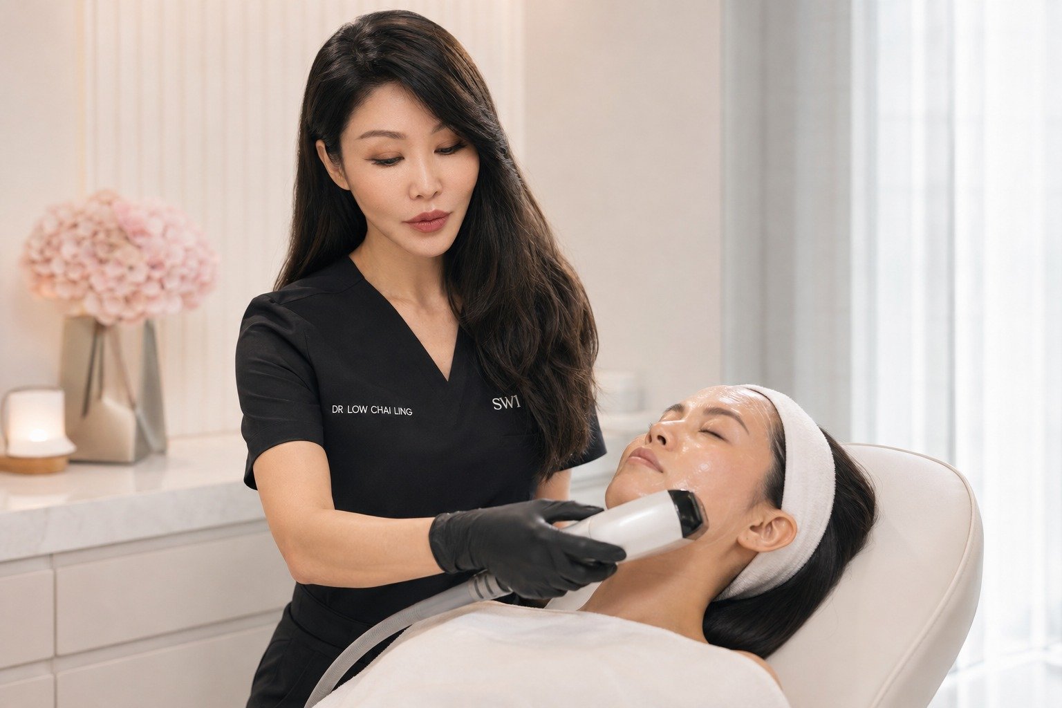 Dr Low Chai Ling performing a facial radiofrequency treatment at SW1 Clinic