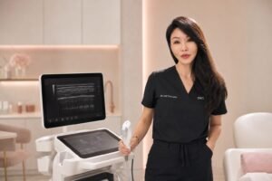 Dr Low Chai Ling with an ultrasound-guided facial treatment system at SW1 Clinic