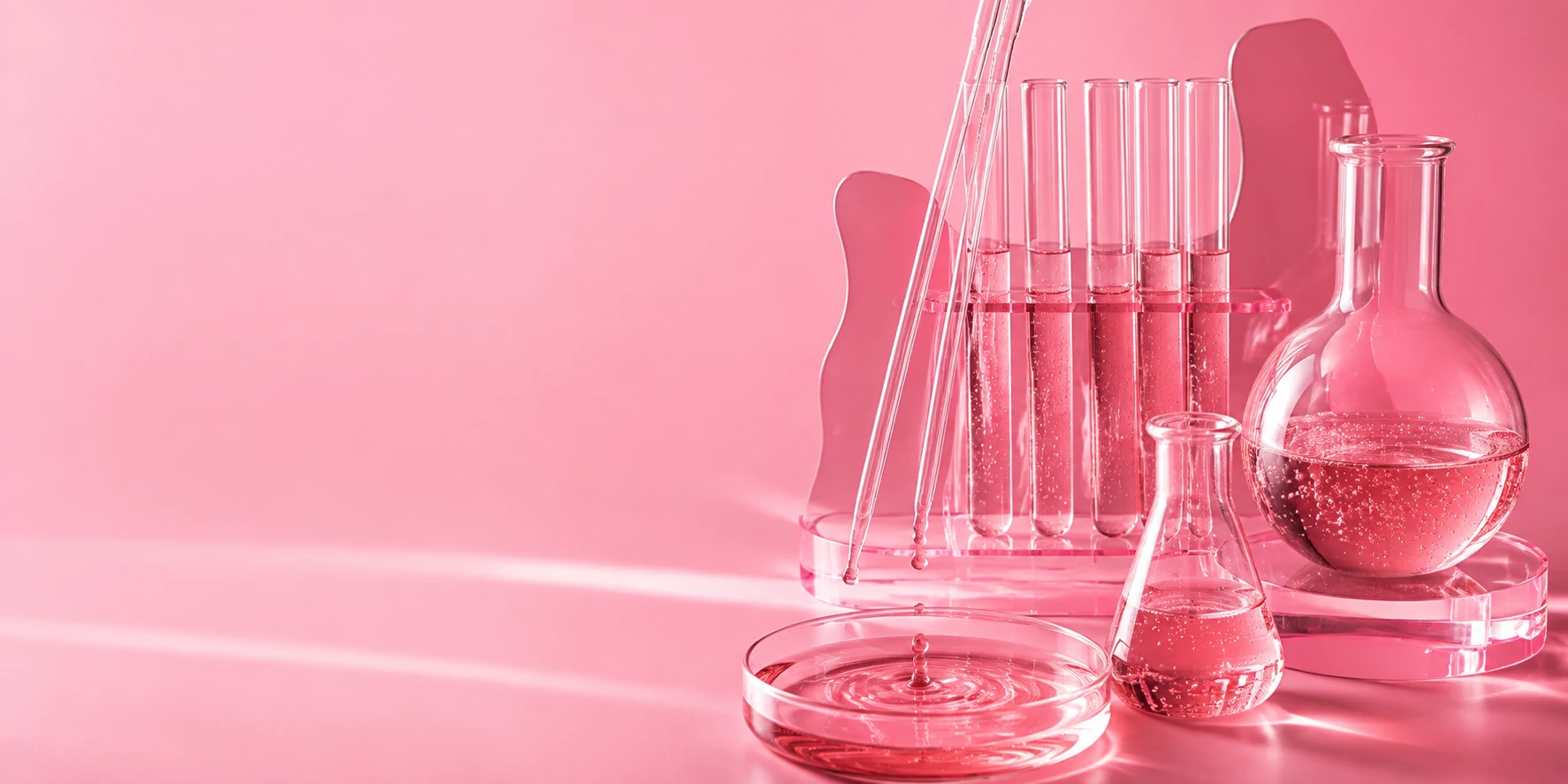 Pink-lit laboratory glassware, test tubes and a round-bottom flask representing evidence-guided treatment selection at SW1 Clinic
