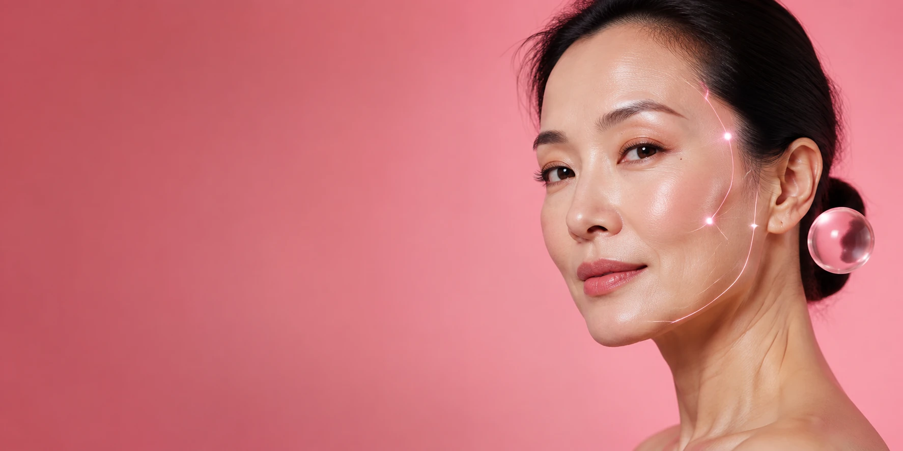 Woman with digital facial mapping lines across her cheek and jawline during a personalised aesthetic assessment at SW1 Clinic