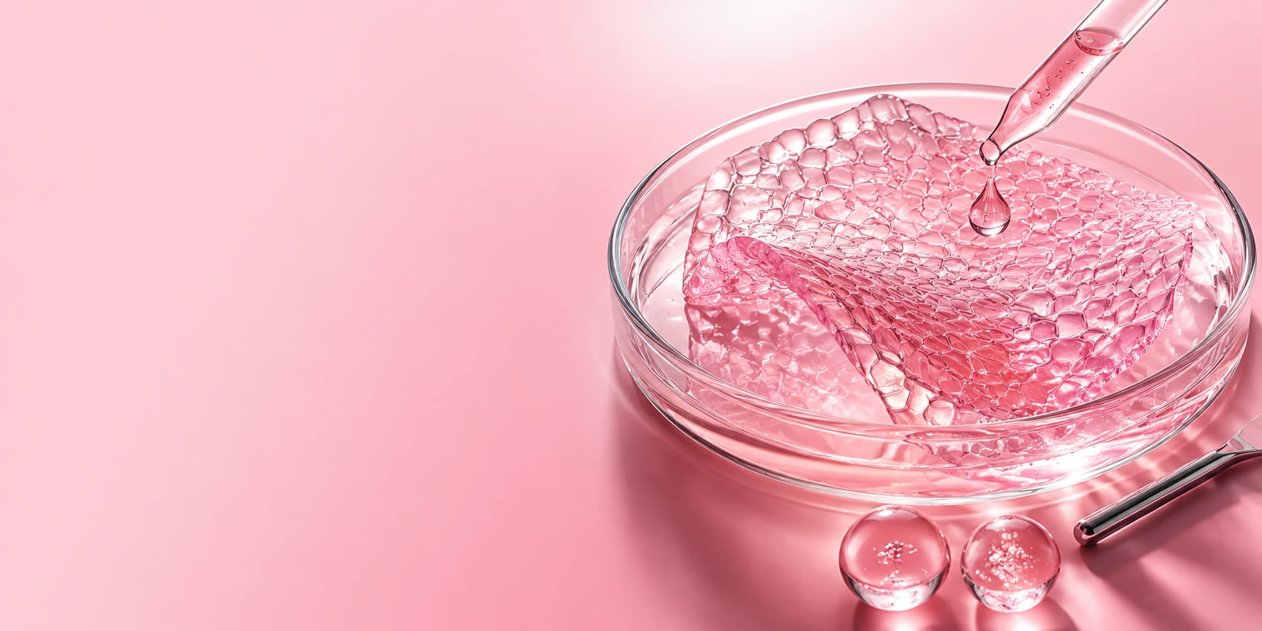 Pipette releasing a droplet onto a cellular skin-structure sample in a glass petri dish, illustrating skin health science at SW1 Clinic