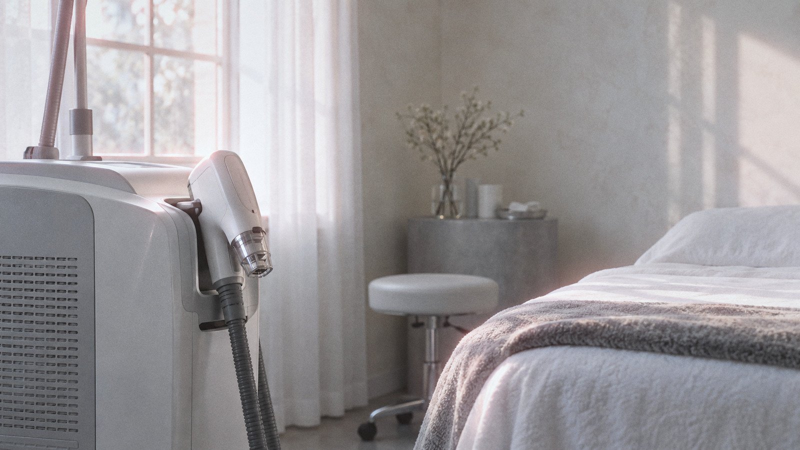 Fractional laser handpiece resting on a treatment device beside a bed in a calm clinic room