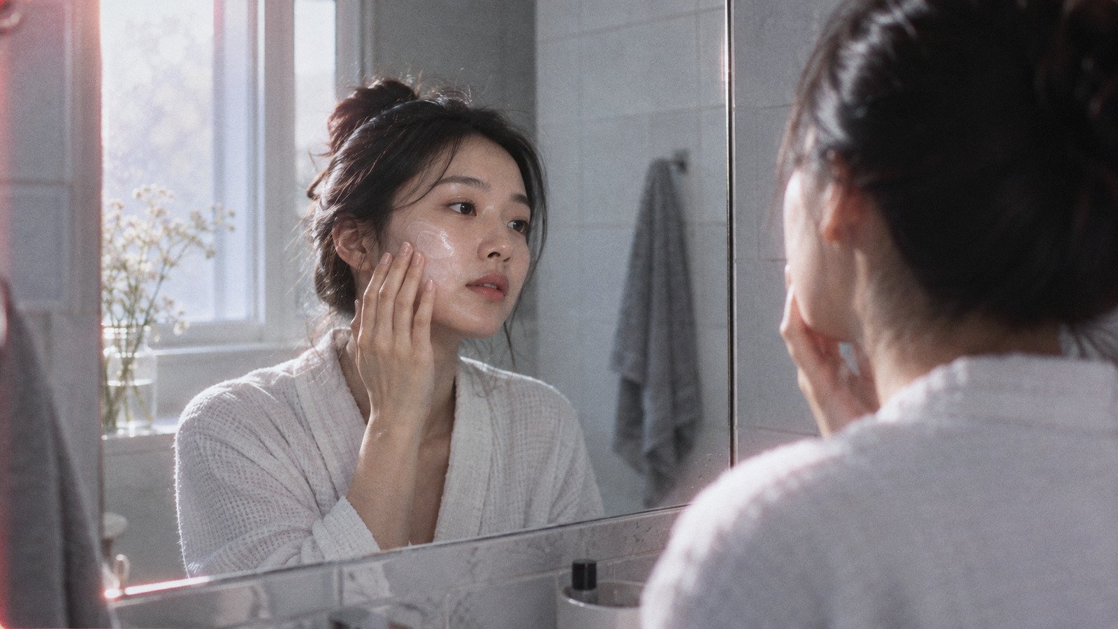 Young woman applying moisturiser to her cheek in front of a bathroom mirror in morning light