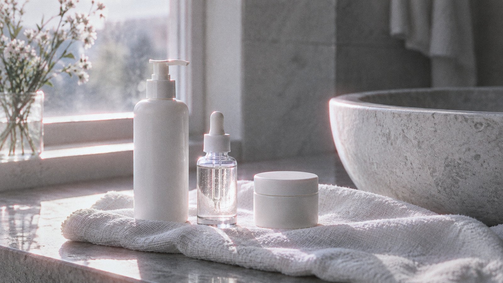 Unlabelled cleanser, serum and moisturiser beside a stone basin on a linen towel