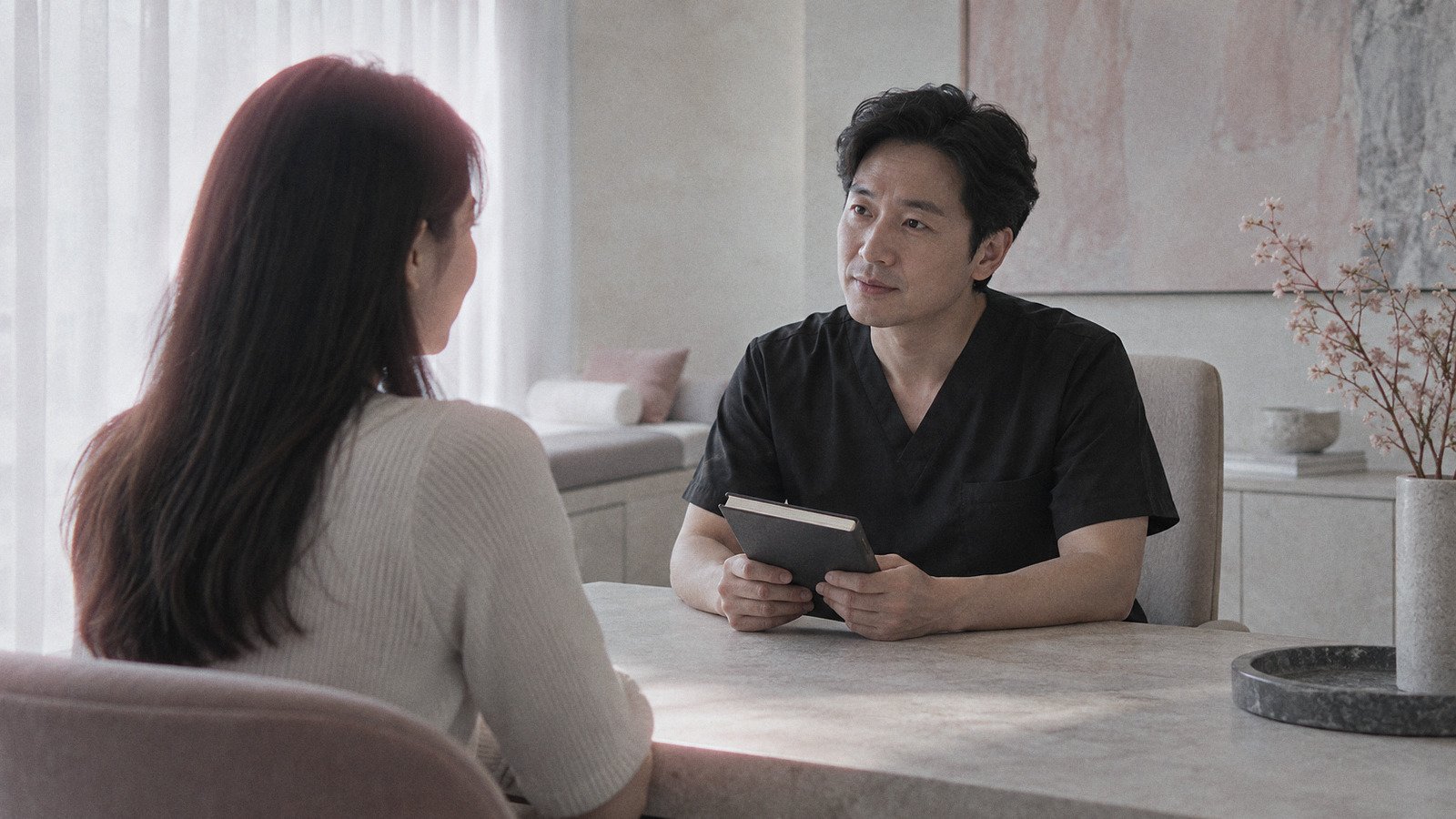 Doctor holding a notebook while talking with a patient at a stone desk in a consultation room