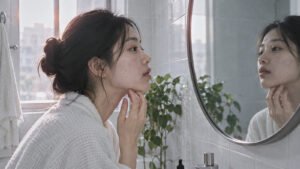 Young woman looking closely at her skin in a round bathroom mirror