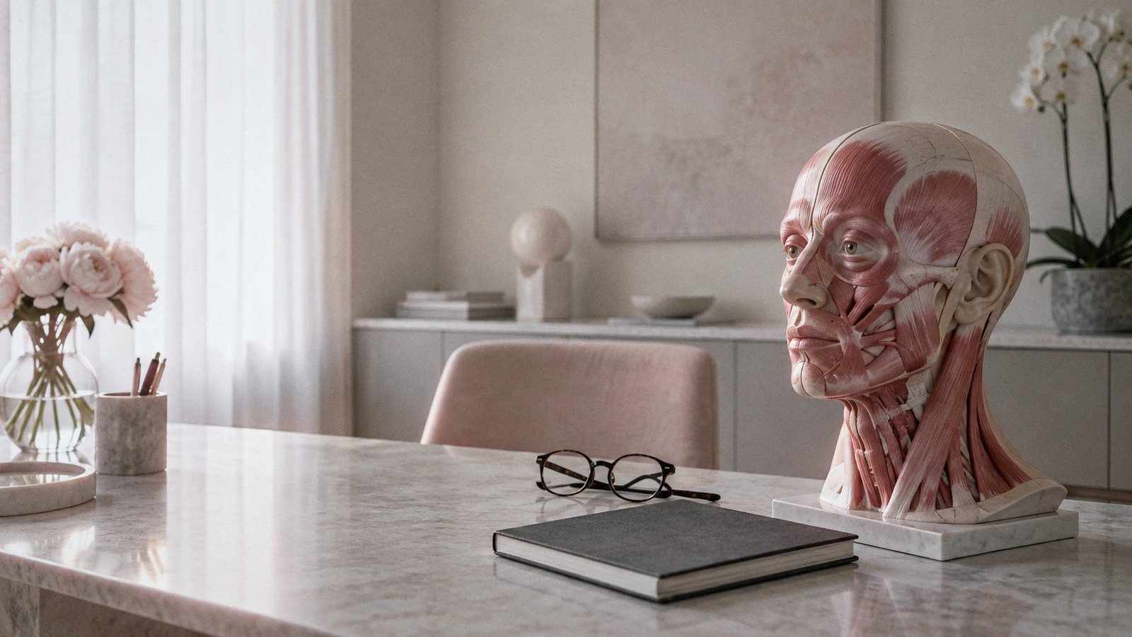 Anatomical model of the head showing the facial muscles on a clinic desk