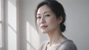 Woman in her forties with natural skin, resting her chin on her hand in soft side light