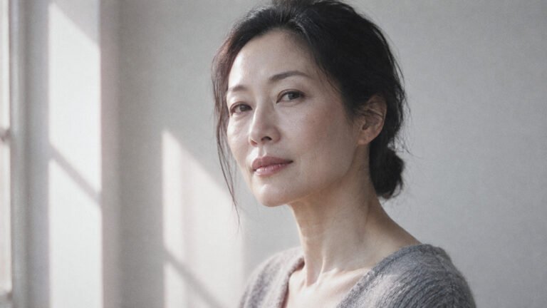 Woman in her forties with natural skin, resting her chin on her hand in soft side light