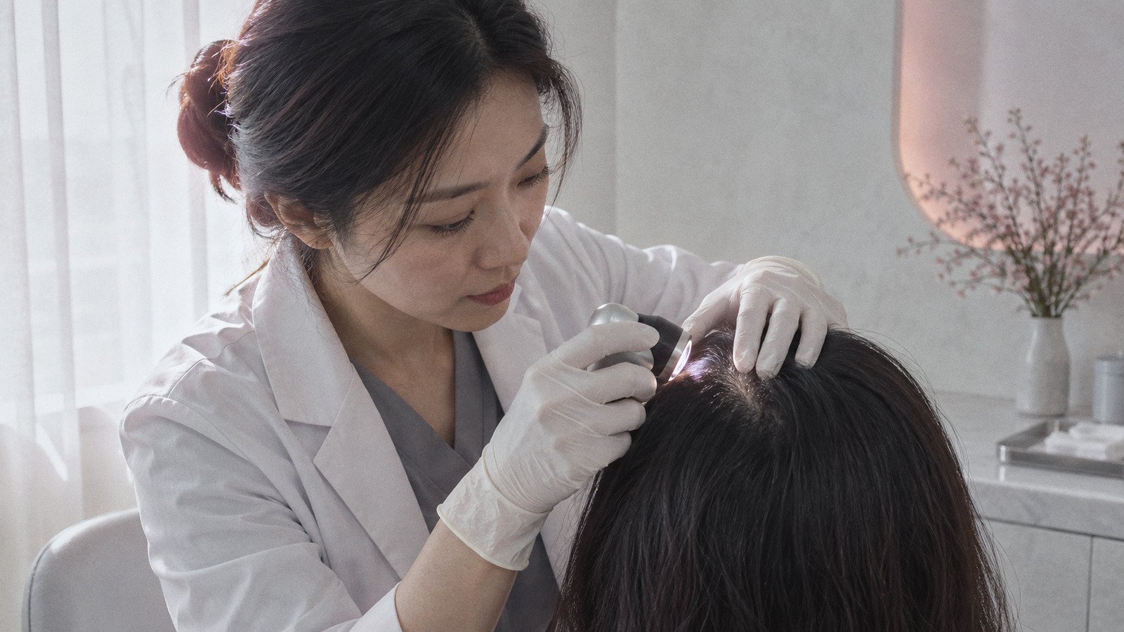Doctor examining a woman's scalp at the hair parting with a handheld dermatoscope