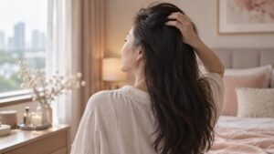 Woman seen from behind running her fingers through her long dark hair