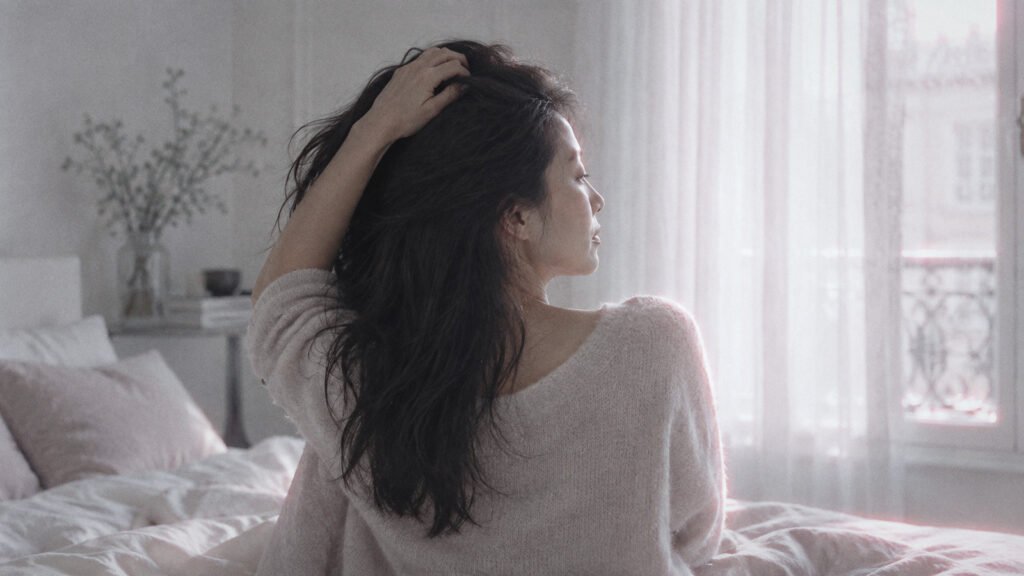 Woman sitting on her bed running her fingers through her long dark hair in soft window light