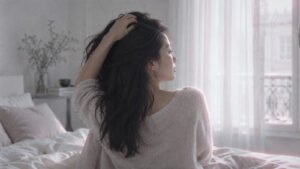 Woman sitting on her bed running her fingers through her long dark hair in soft window light