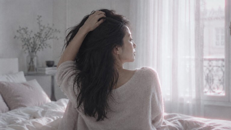 Woman sitting on her bed running her fingers through her long dark hair in soft window light