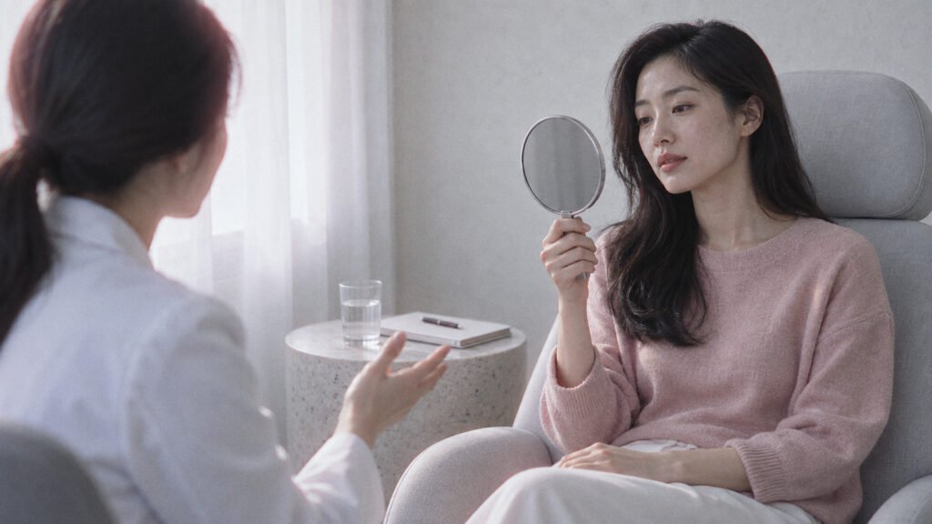 Woman holding a hand mirror during a consultation while a doctor explains her options