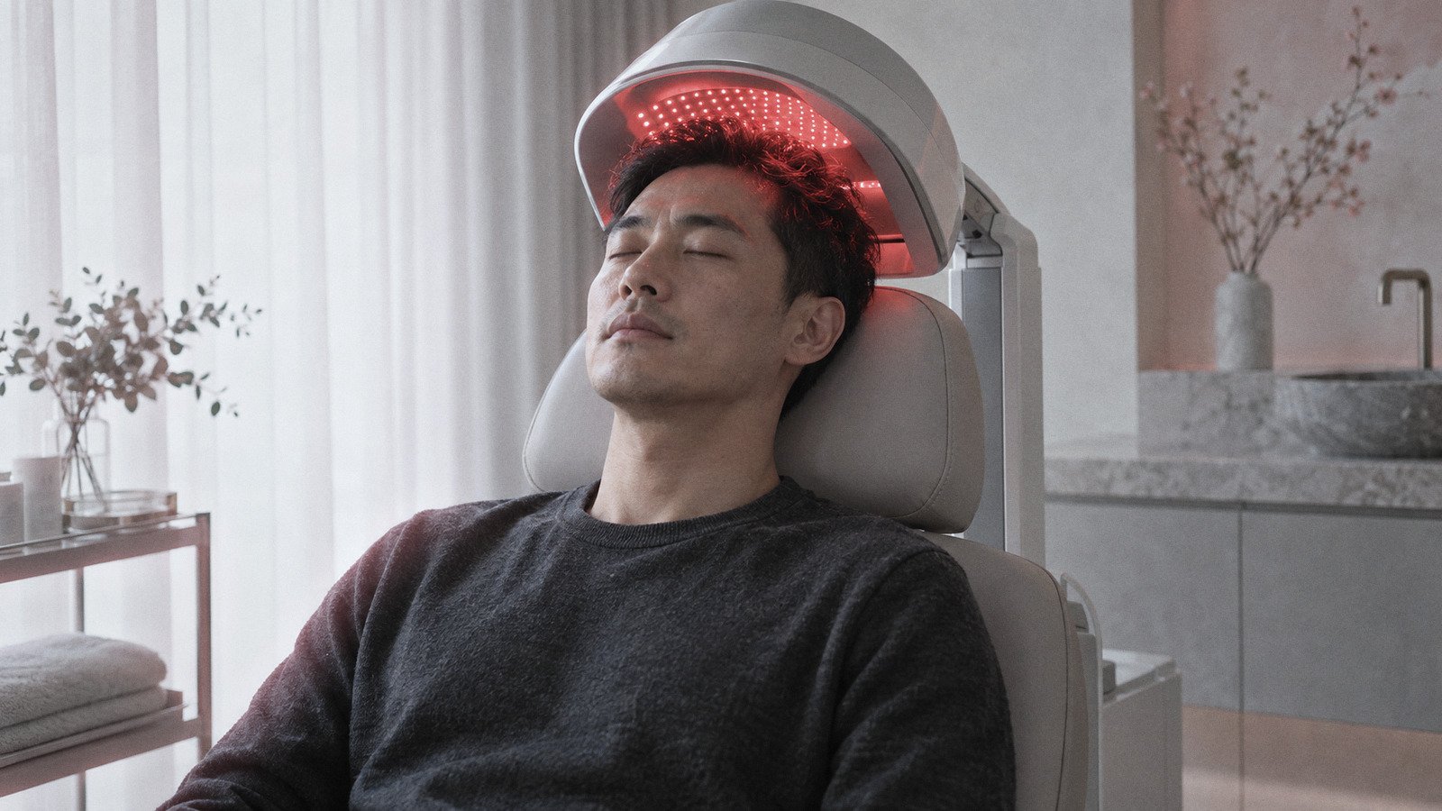 Man seated under a red-light laser hair therapy dome in a clinic treatment room
