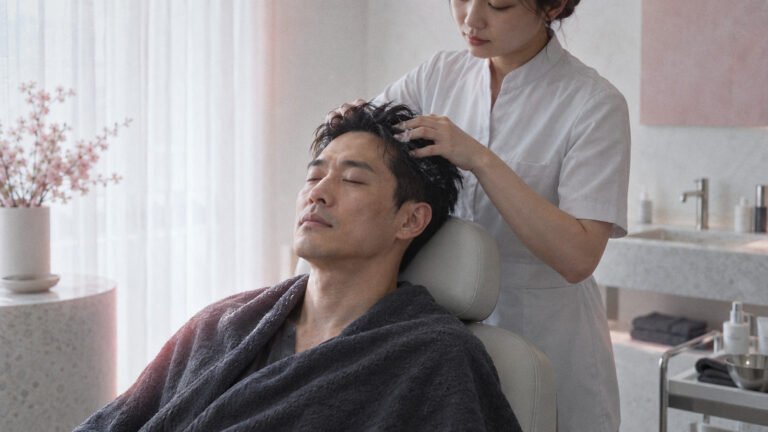 Man relaxing in a treatment chair while a therapist massages his scalp
