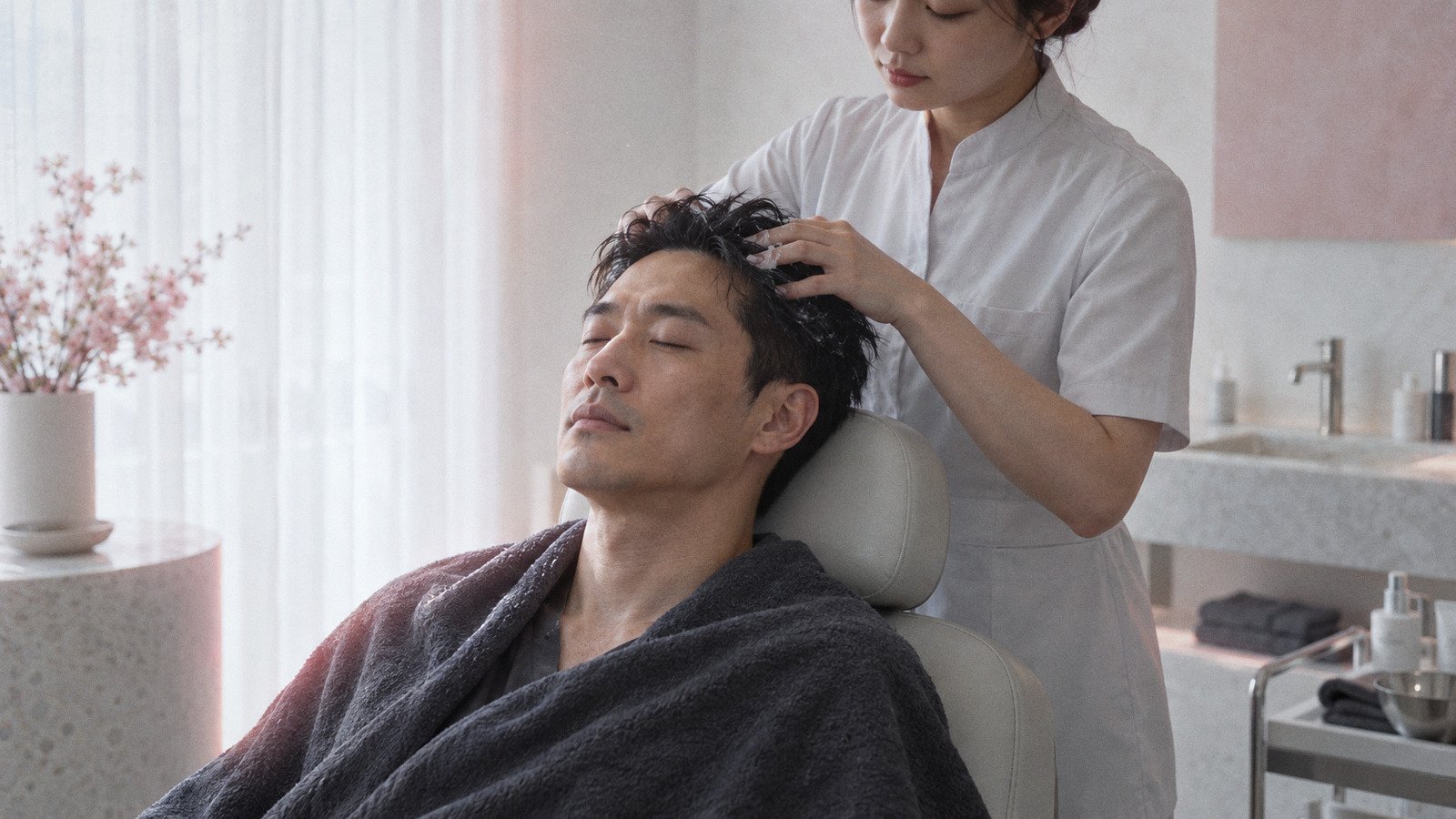 Man relaxing in a treatment chair while a therapist massages his scalp