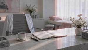 Open blank planner, fountain pen, cup of tea and white flowers on a clinic desk