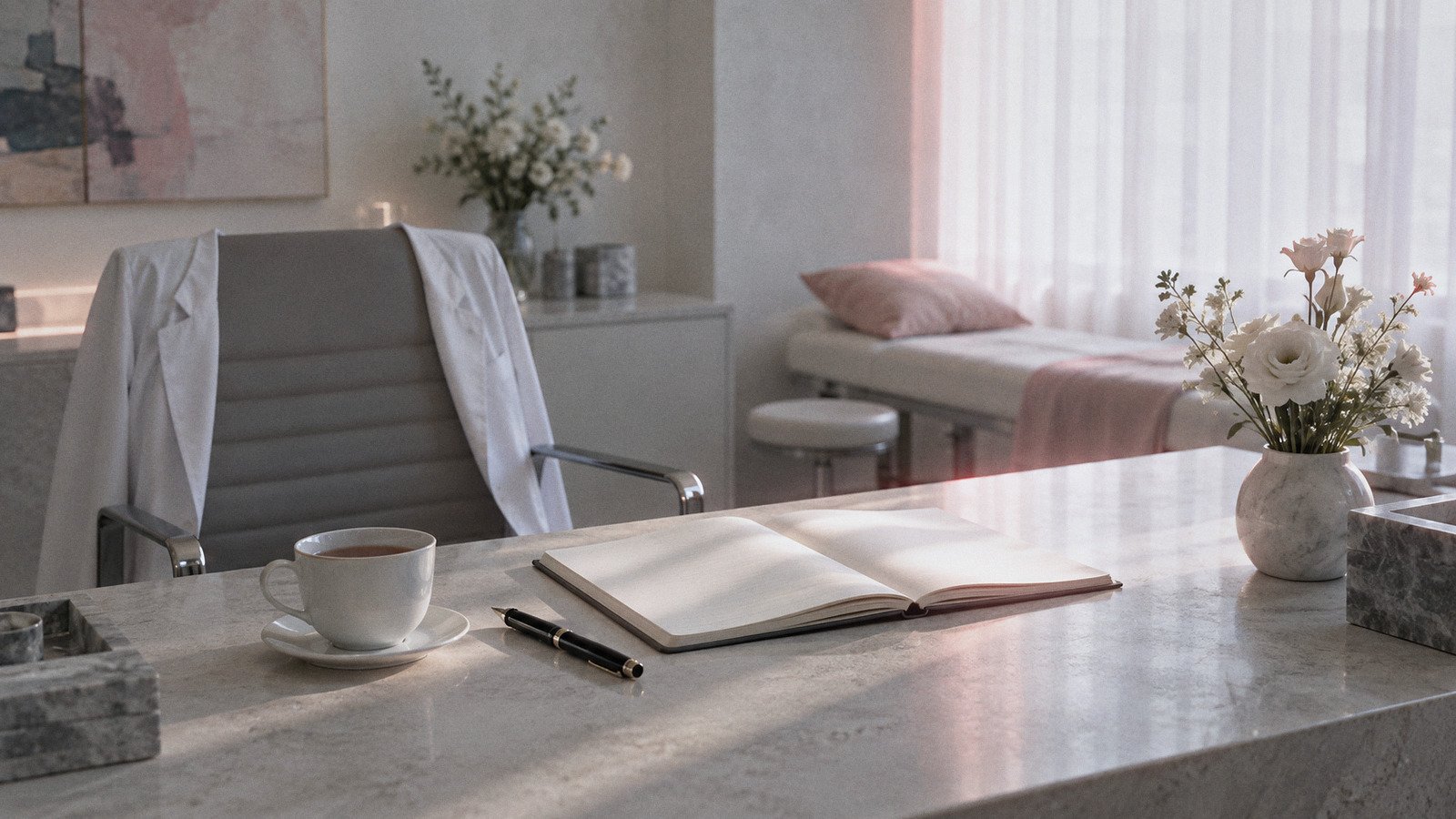 Open blank planner, fountain pen, cup of tea and white flowers on a clinic desk
