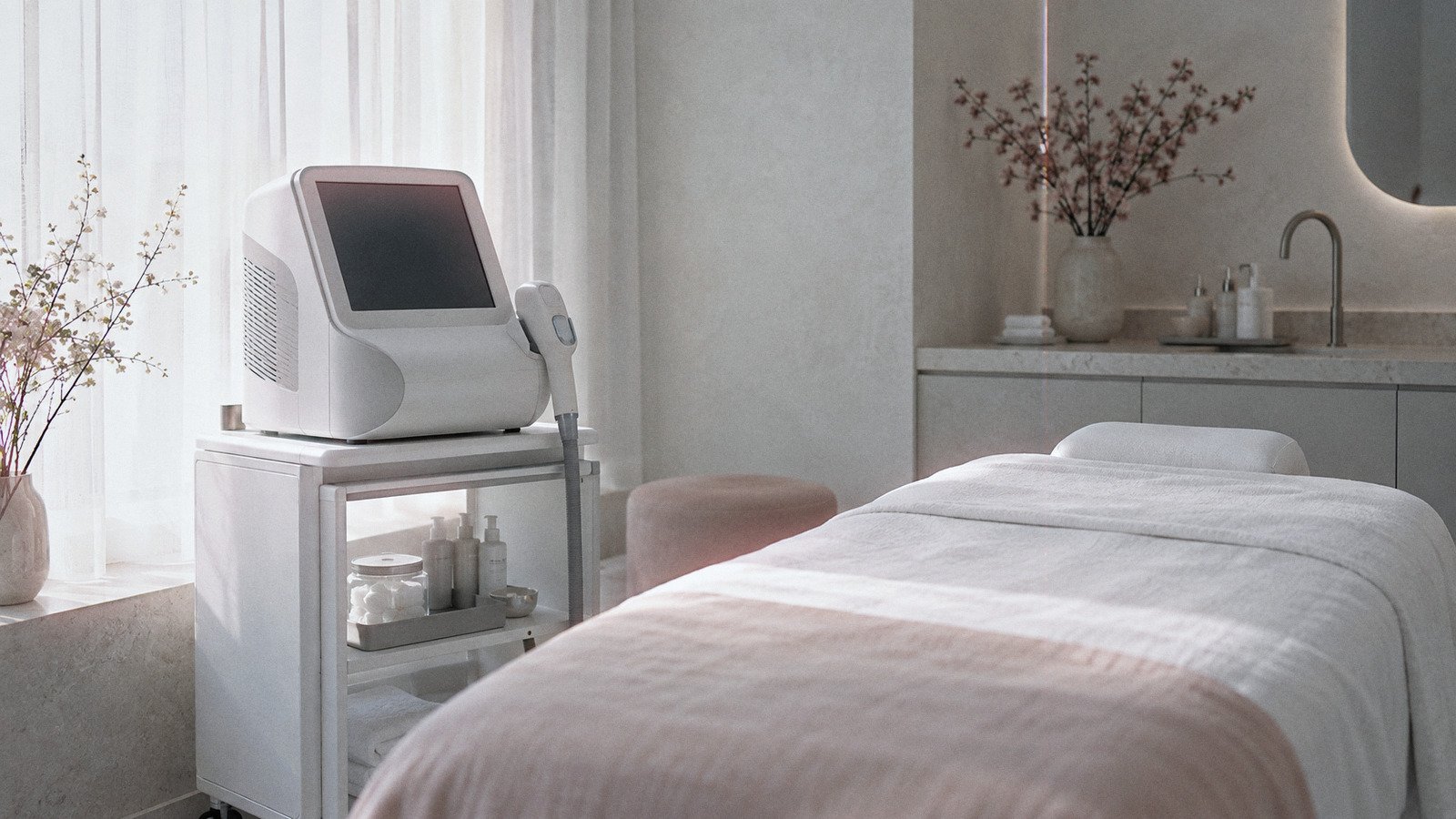 Aesthetic treatment device on a cart beside a treatment bed in a clinic room with sheer curtains