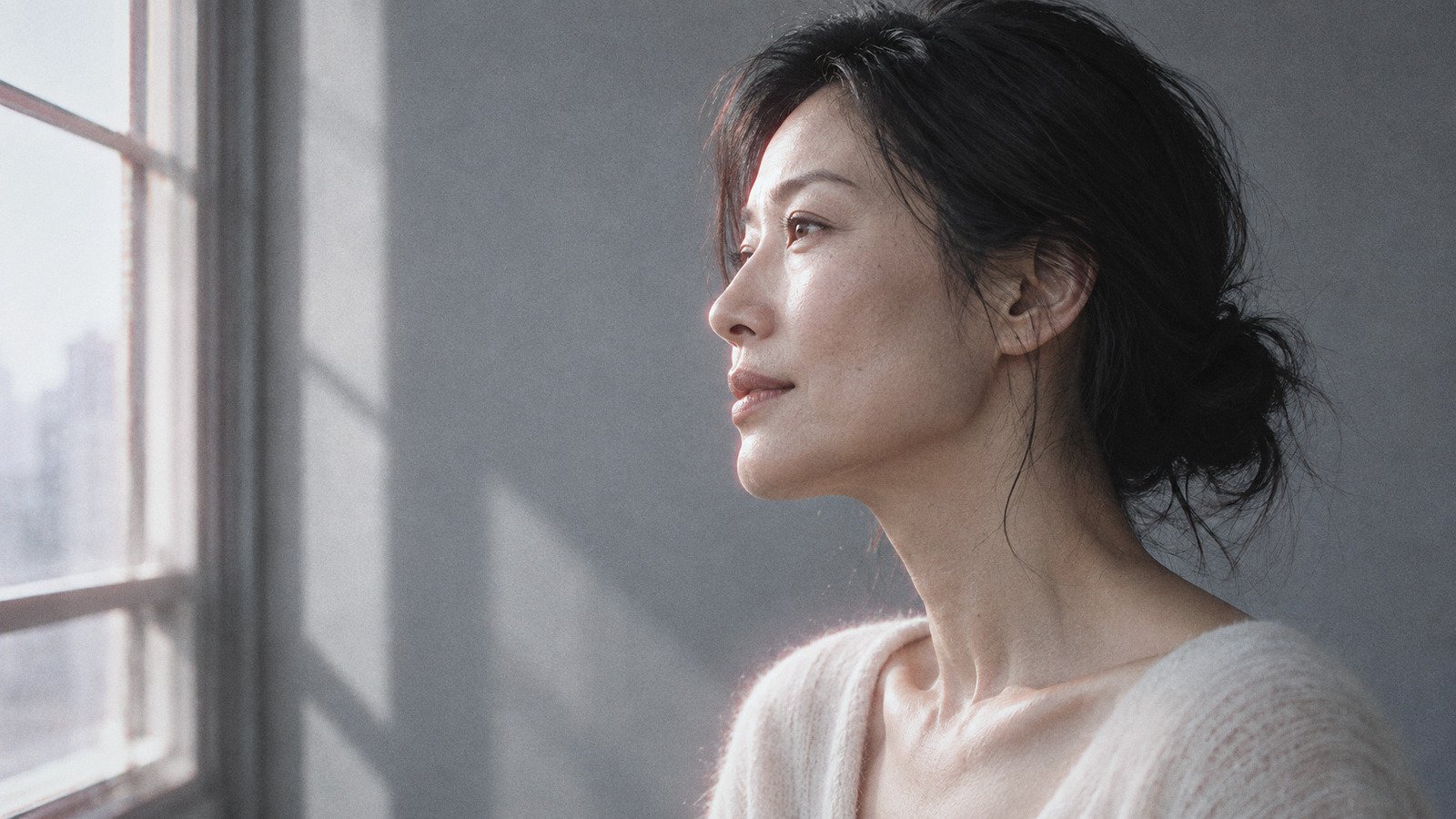 Profile of a woman in her forties showing her jawline and neck in soft window light
