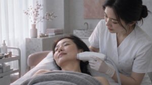 Clinician holding an ultrasound handpiece near a patient's jawline as she lies on a treatment bed