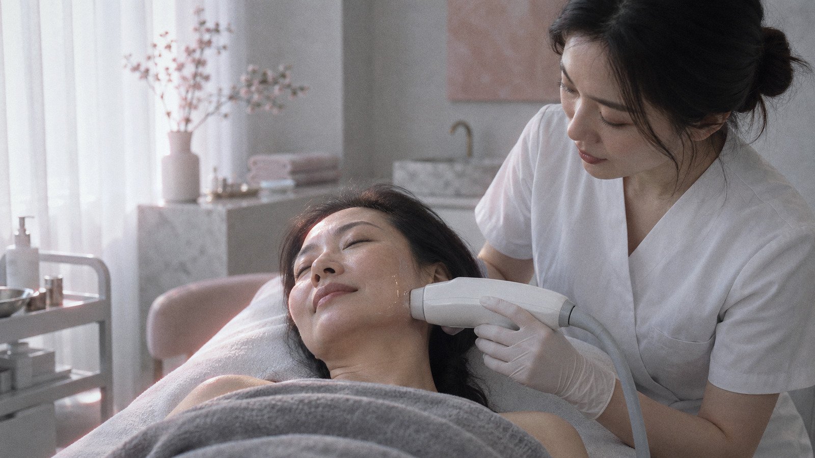 Clinician holding an ultrasound handpiece near a patient's jawline as she lies on a treatment bed