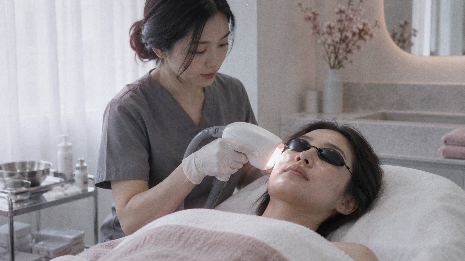 Patient wearing protective eye shields while a clinician holds a light-therapy handpiece near her cheek