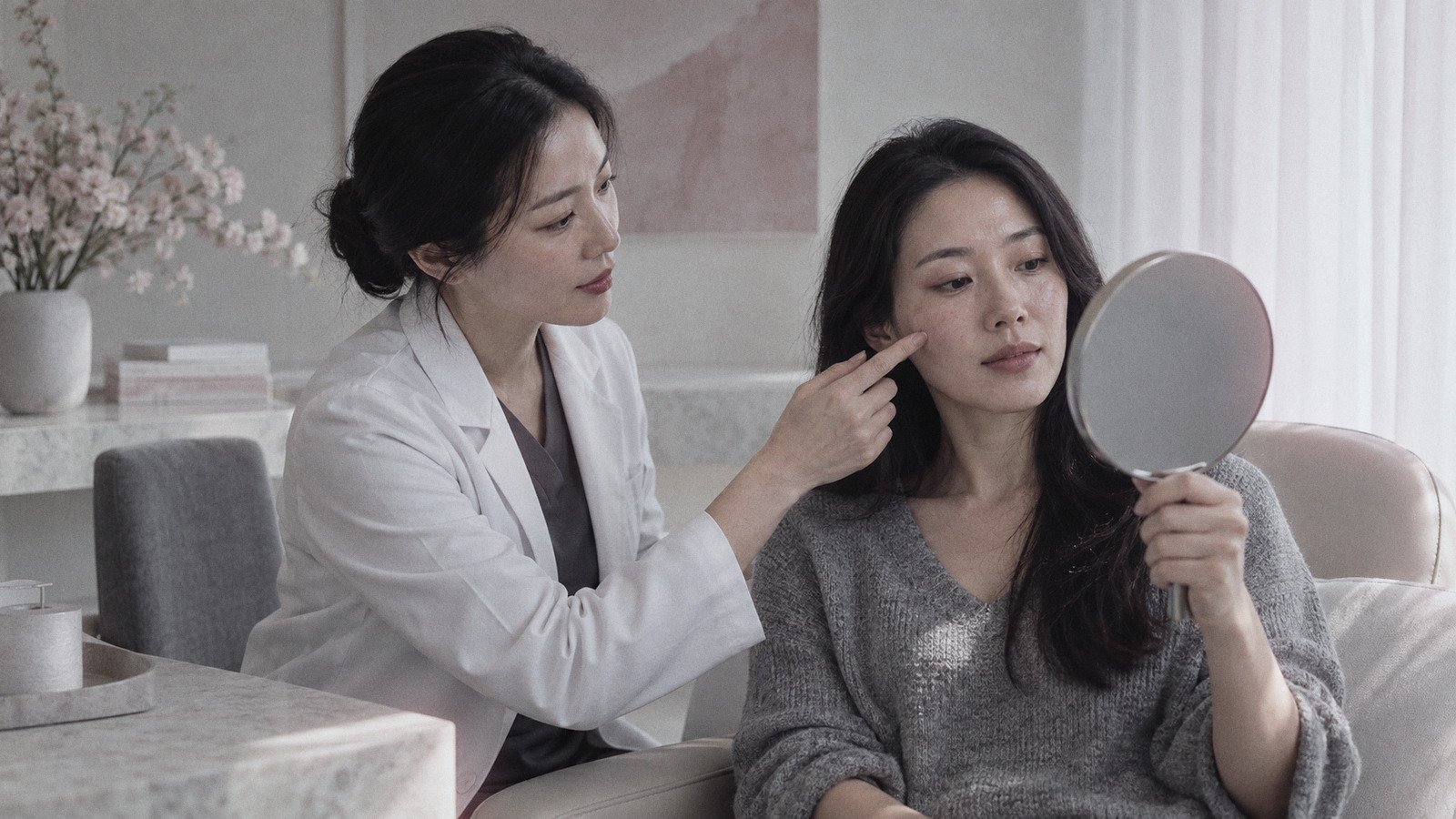 Patient holding a hand mirror while a doctor points to her cheek during a consultation