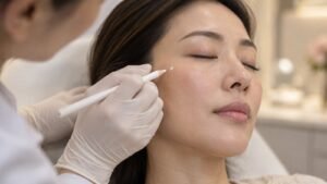 Doctor's gloved hand marking a small dot on a patient's cheekbone during treatment planning