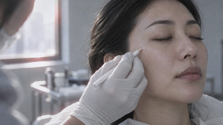 Doctor's gloved hand marking a small dot on a patient's cheekbone during treatment planning