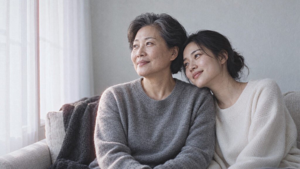 Mother in her sixties and her adult daughter sitting close together on a sofa in soft window light