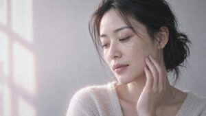 Woman with natural skin texture gently touching her cheek in soft window light