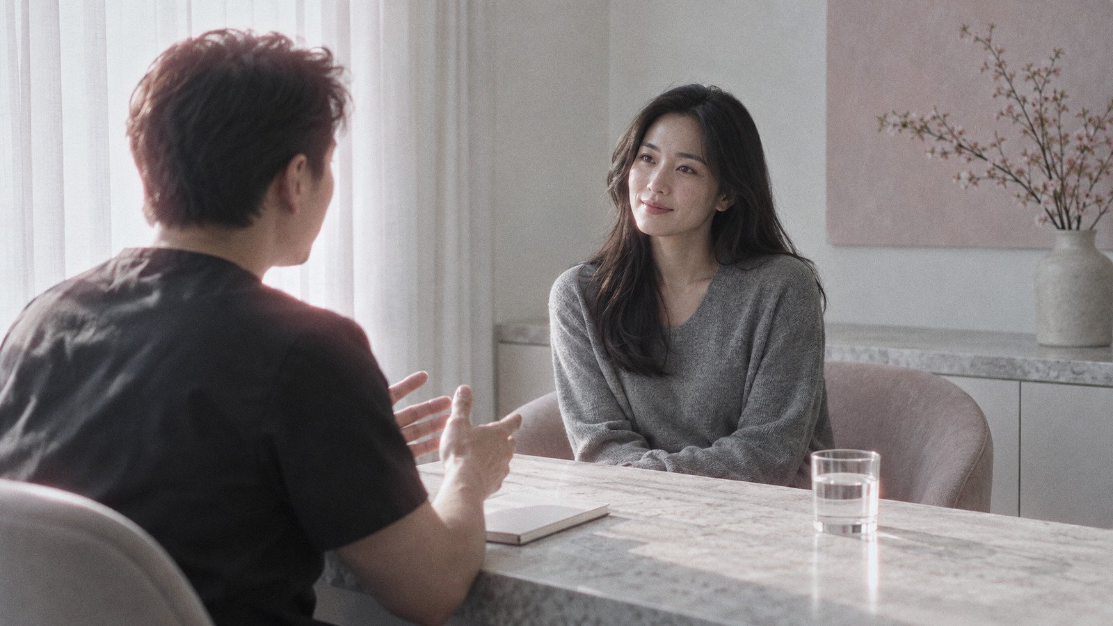 Doctor talking with a patient across a stone desk in a bright consultation room