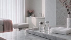 Two unlabelled glass vials and folded gauze on a marble tray in a clinic treatment room